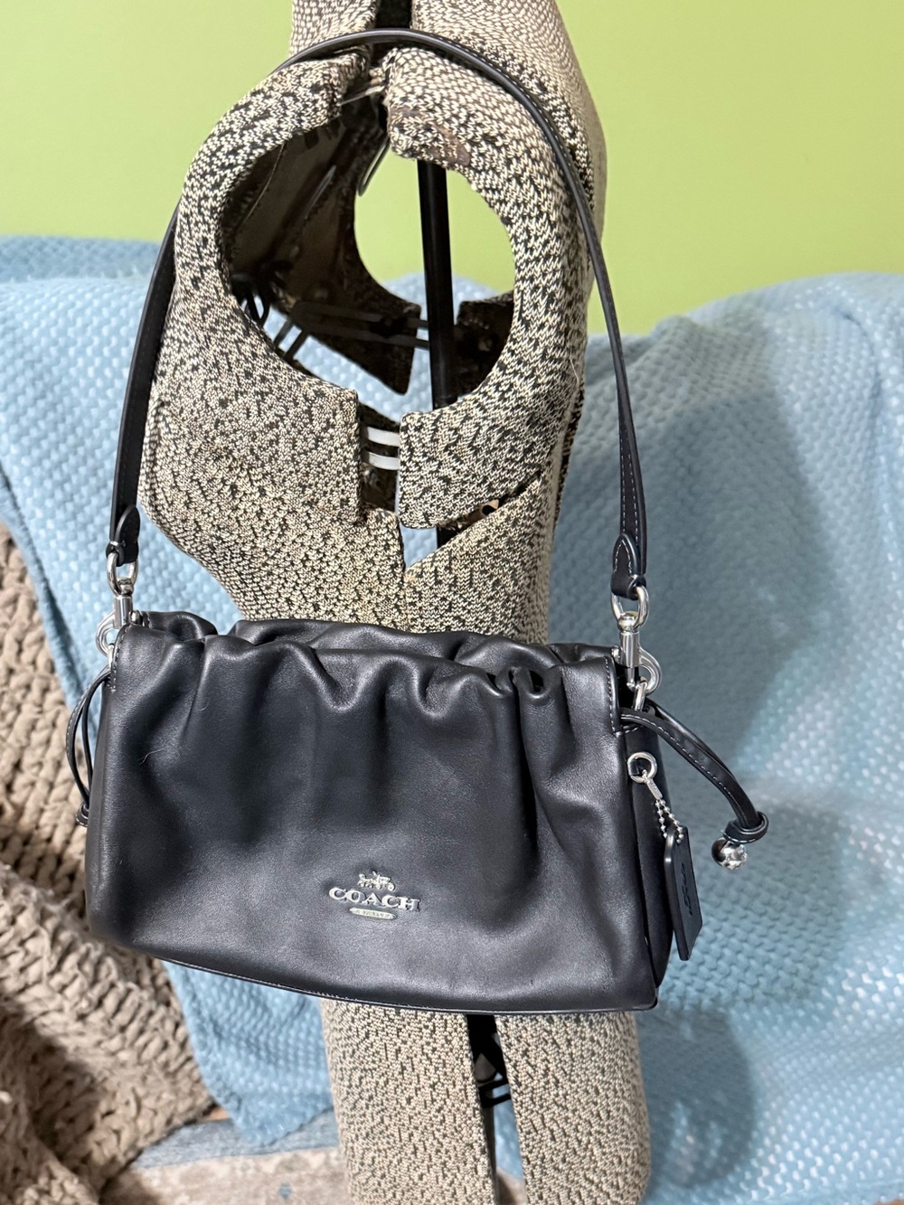 Coach Faye Black Leather Ruched Shoulder Bag with Silver Hardware